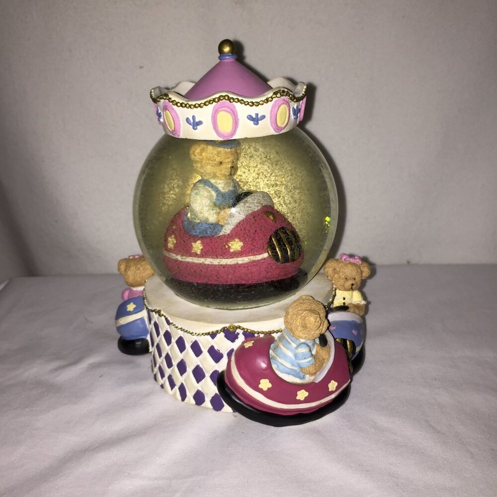 Vintage Teddy Bear Musical Snow Globe With Crown & Rotating Bumper Cars Carnival